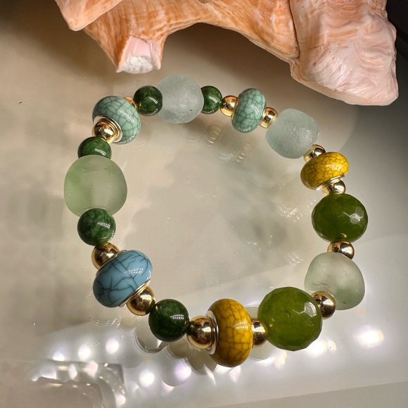 RARE TAIWAN JADE + SEA GLASS + BURMA JADE NATURAL STONES BRACELET size 7” - Picture 6 of 13